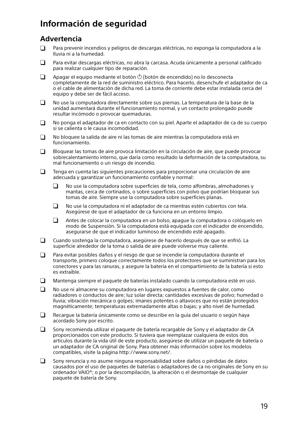 Información de seguridad, Advertencia | Sony SVF14218CXW User Manual | Page 19 / 32