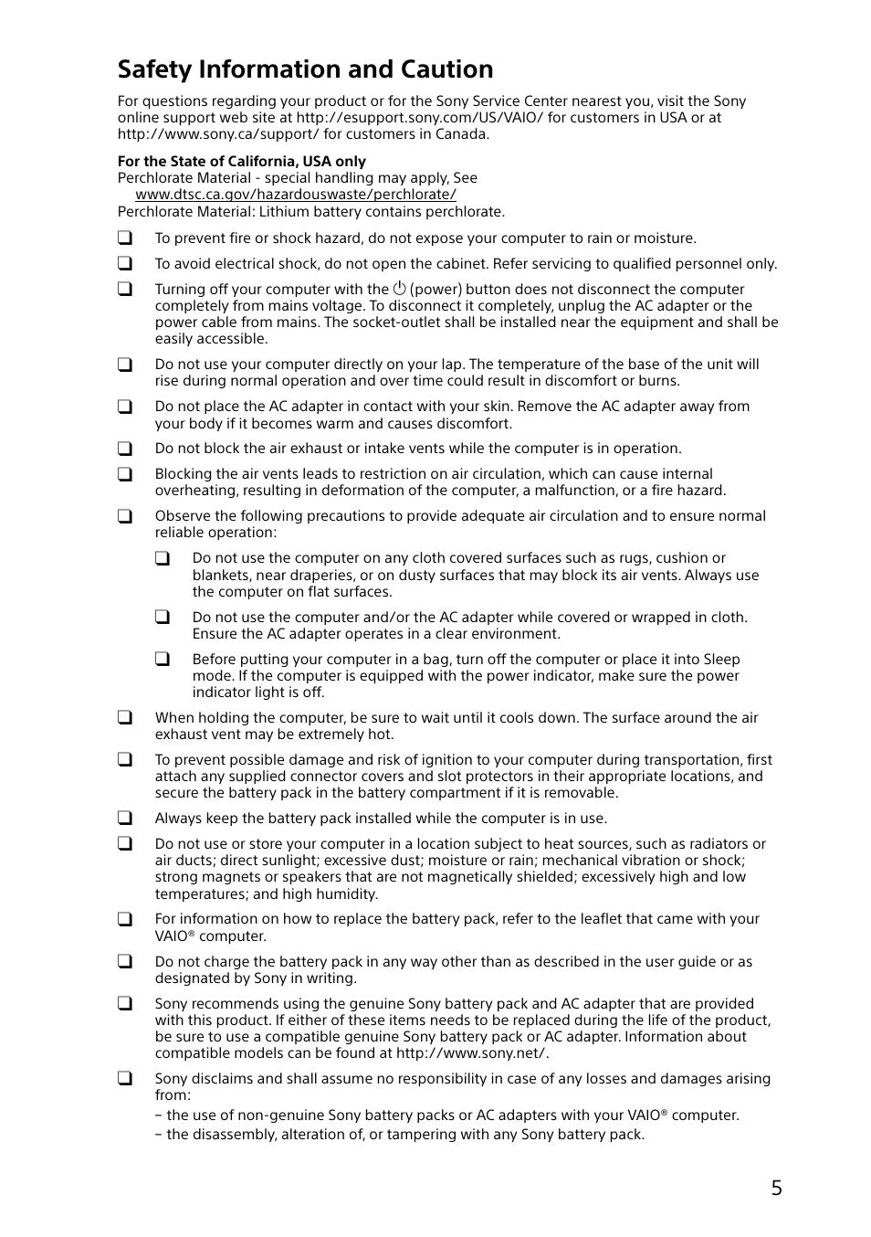 Safety information and caution | Sony SVF14218CXW User Manual | Page 5 / 32