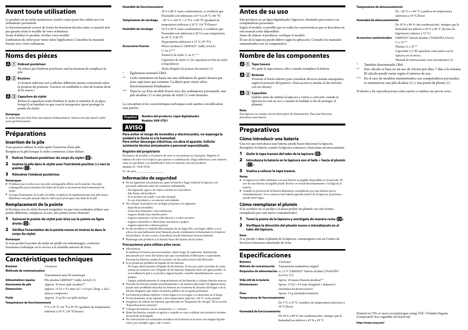 Antes de su uso, Nombre de los componentes, Preparativos | Especificaciones, Avant toute utilisation, Noms des pièces, Préparations, Caractéristiques techniques, Aviso | Sony SVD11215CXB User Manual | Page 2 / 2