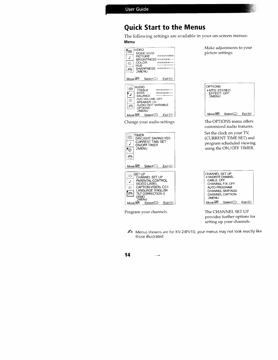Quick start to the menus, User guide, Menu | Sony KV-24FV10 User Manual | Page 18 / 41