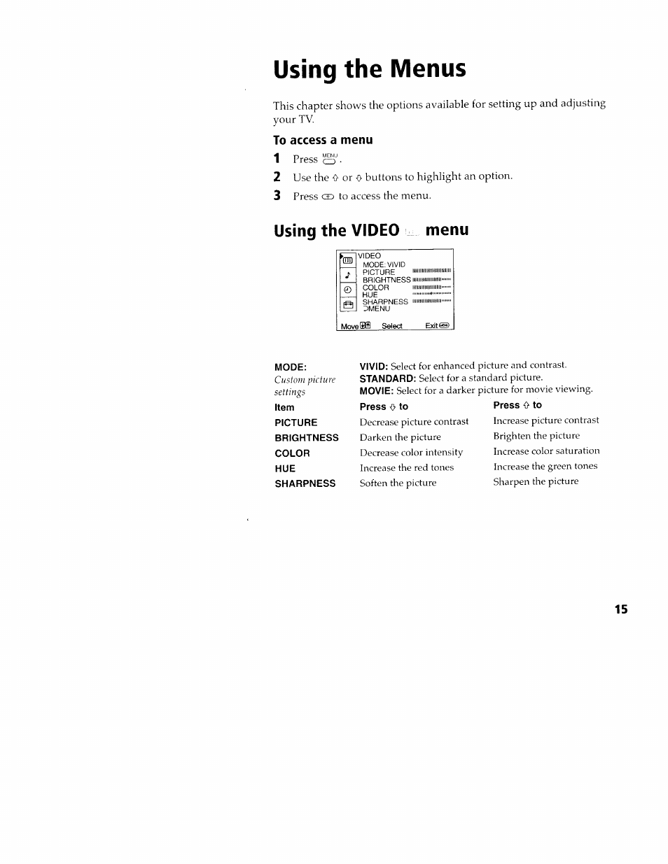 Using the menus, To access a menu, Using the video menu | Using the video, Menu, Using the audio j* menu | Sony KV-24FV10 User Manual | Page 19 / 41