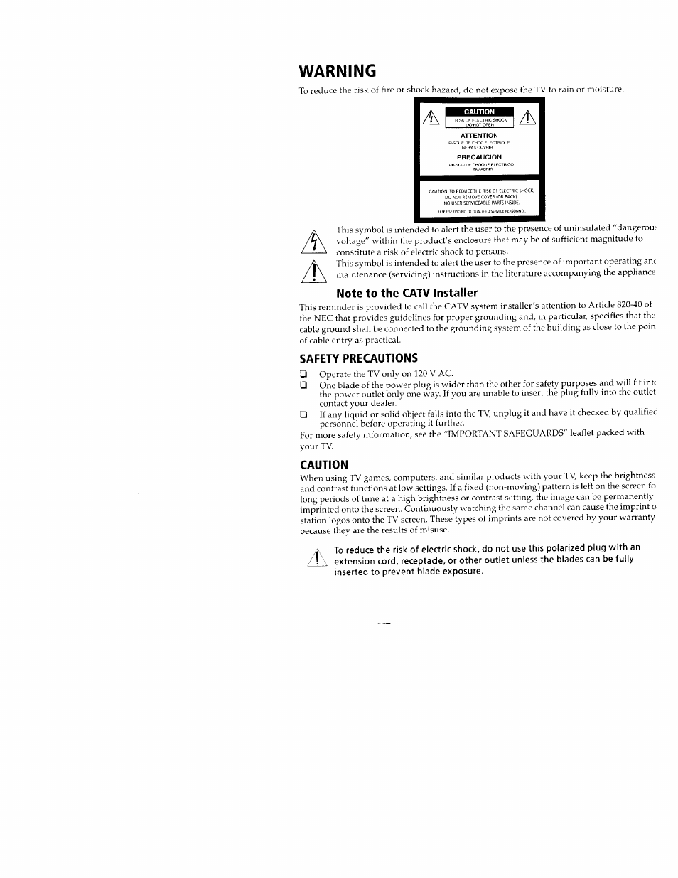 Note to the catv installer, Safety precautions, Caution | Warning | Sony KV-24FV10 User Manual | Page 2 / 41