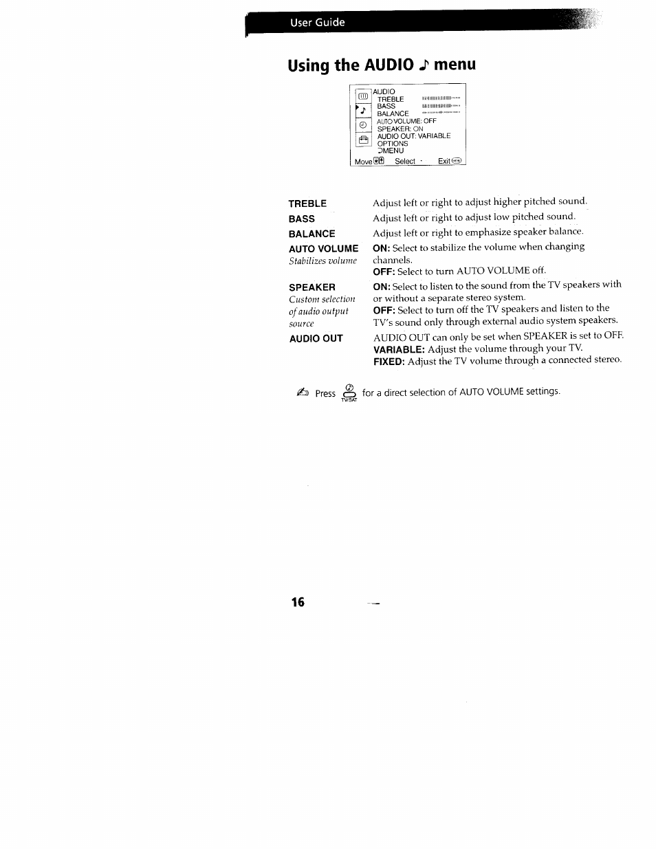 Using the audio, Menu | Sony KV-24FV10 User Manual | Page 20 / 41