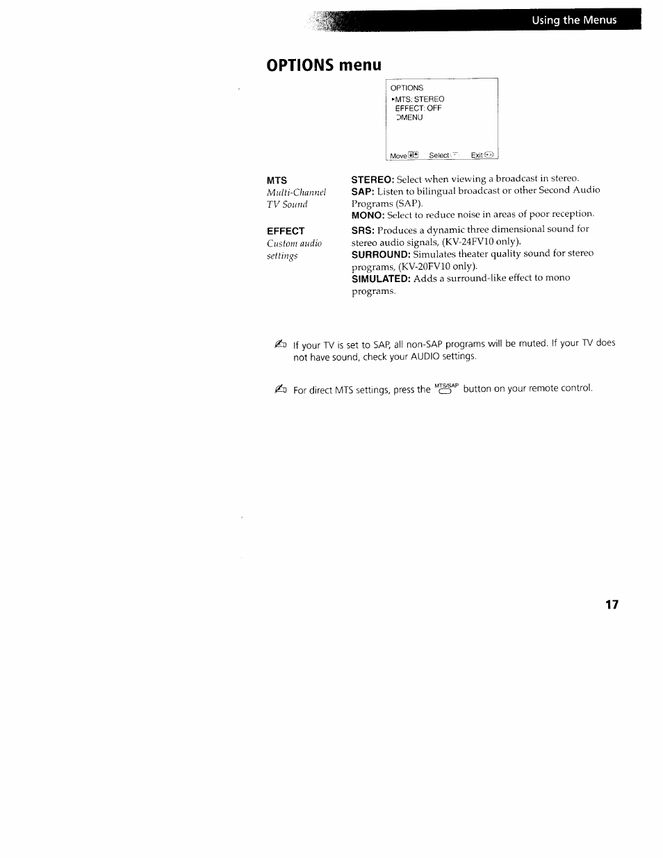 Options menu | Sony KV-24FV10 User Manual | Page 21 / 41