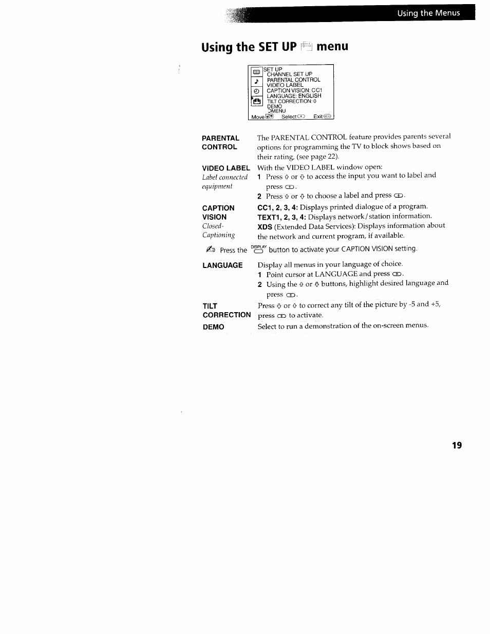 Using the set up, Menu | Sony KV-24FV10 User Manual | Page 23 / 41