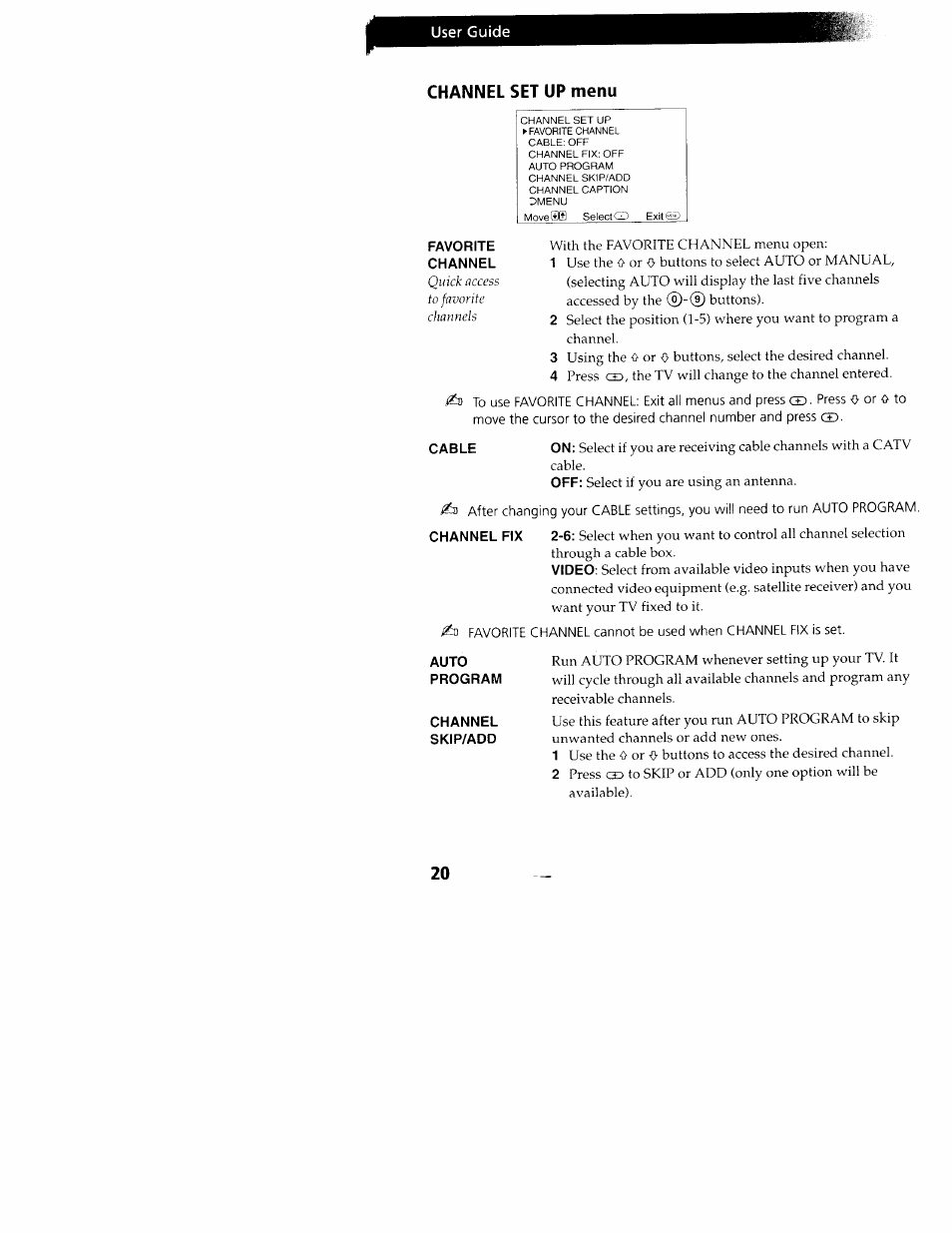 Channel set up menu | Sony KV-24FV10 User Manual | Page 24 / 41