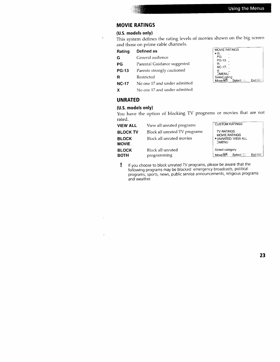 Movie ratings, U.s. models only), Unrated | View all block tv, Block, Movie, Both | Sony KV-24FV10 User Manual | Page 27 / 41