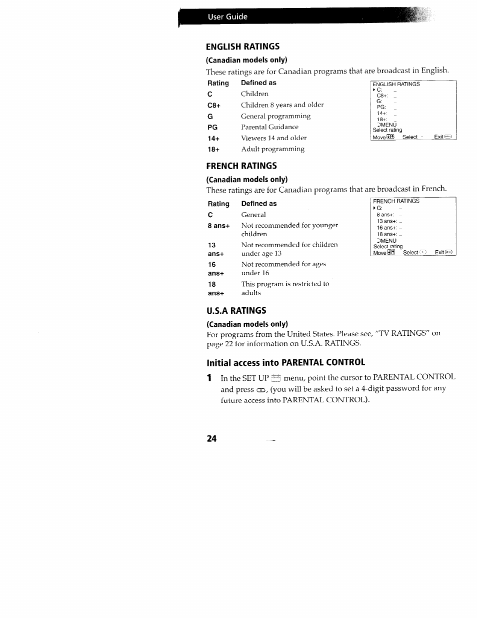 English ratings, Canadian models only), French ratings | Initial access into parental control, U.s.a ratings | Sony KV-24FV10 User Manual | Page 28 / 41