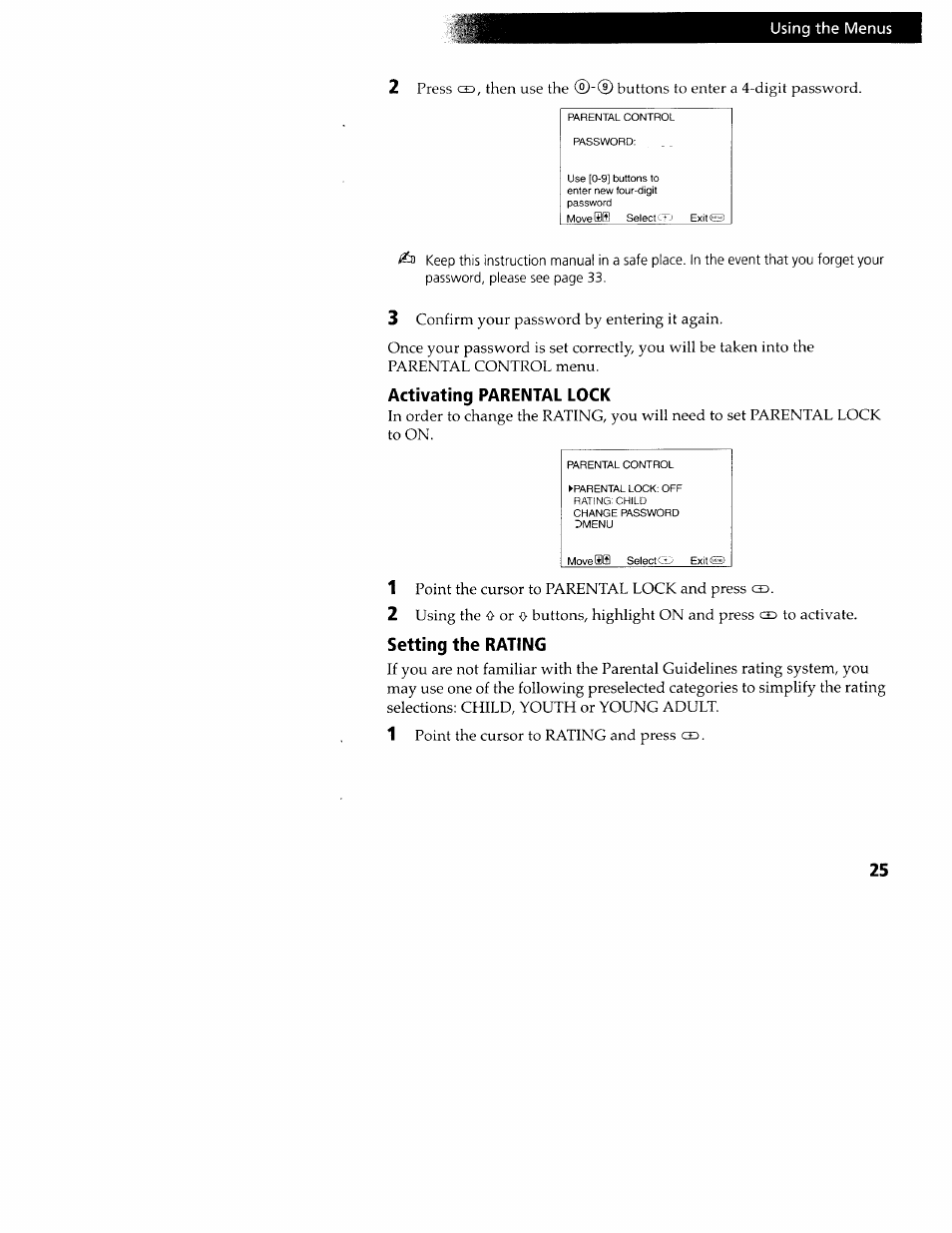 Activating parental lock, Setting the rating | Sony KV-24FV10 User Manual | Page 29 / 41