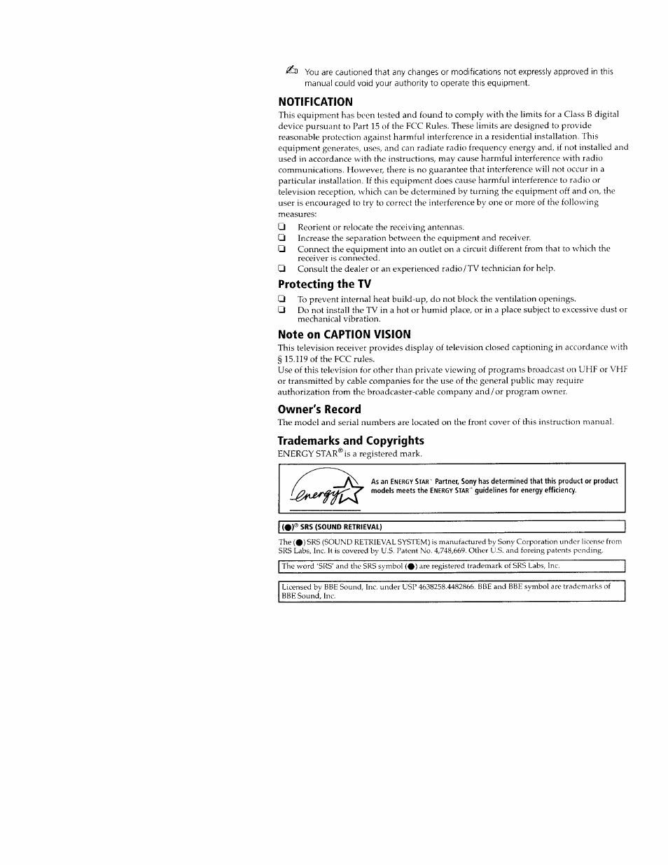 Notification, Protecting the tv, Note on caption vision | Owner's record, Trademarks and copyrights | Sony KV-24FV10 User Manual | Page 3 / 41