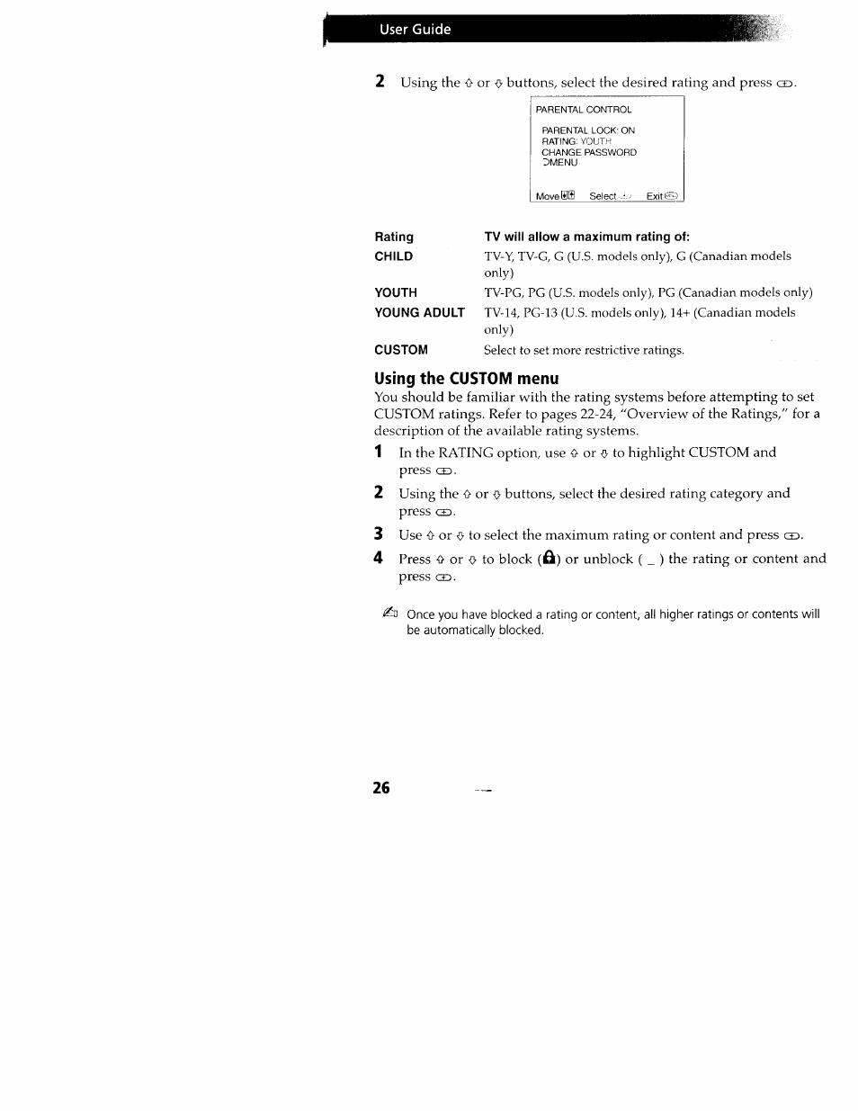 Rating tv will allow a maximum rating of, Using the custom menu, Using the timer | Menu | Sony KV-24FV10 User Manual | Page 30 / 41