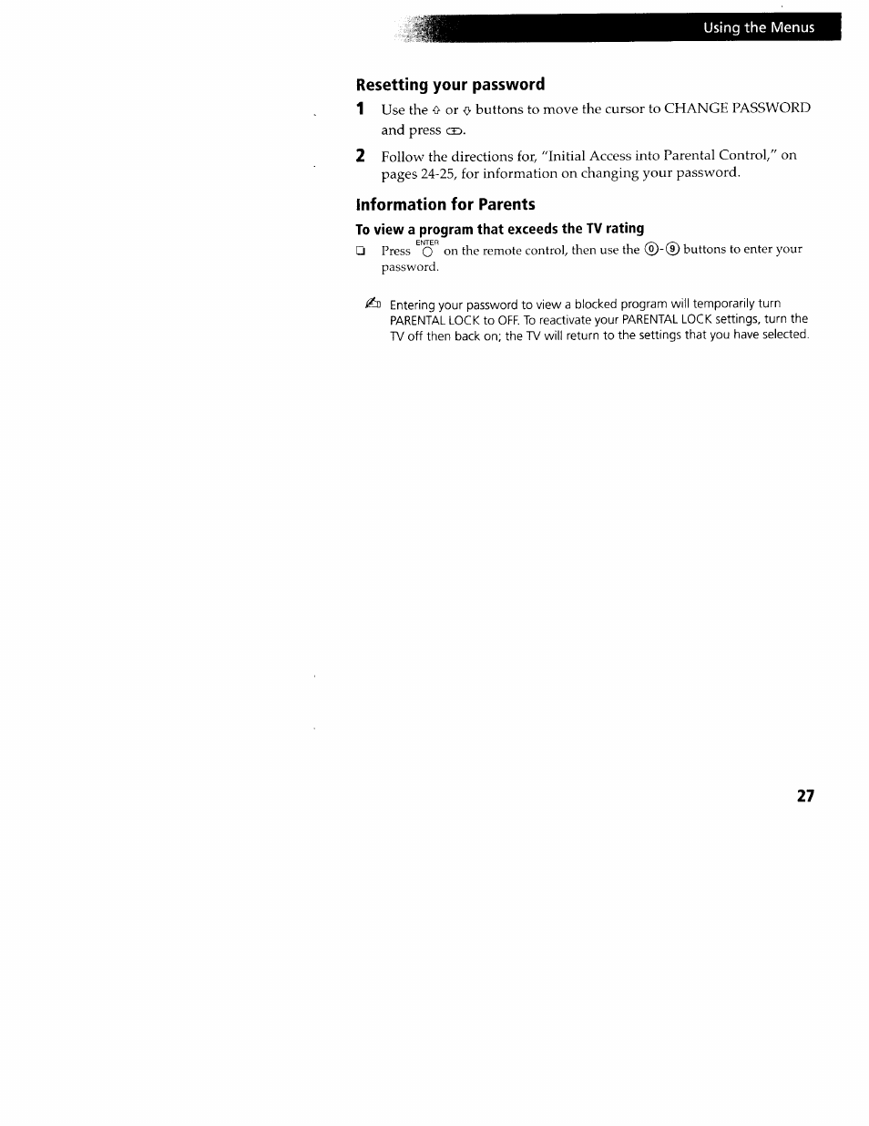 Resetting your password, Information for parents, To view a program that exceeds the tv rating | Sony KV-24FV10 User Manual | Page 31 / 41