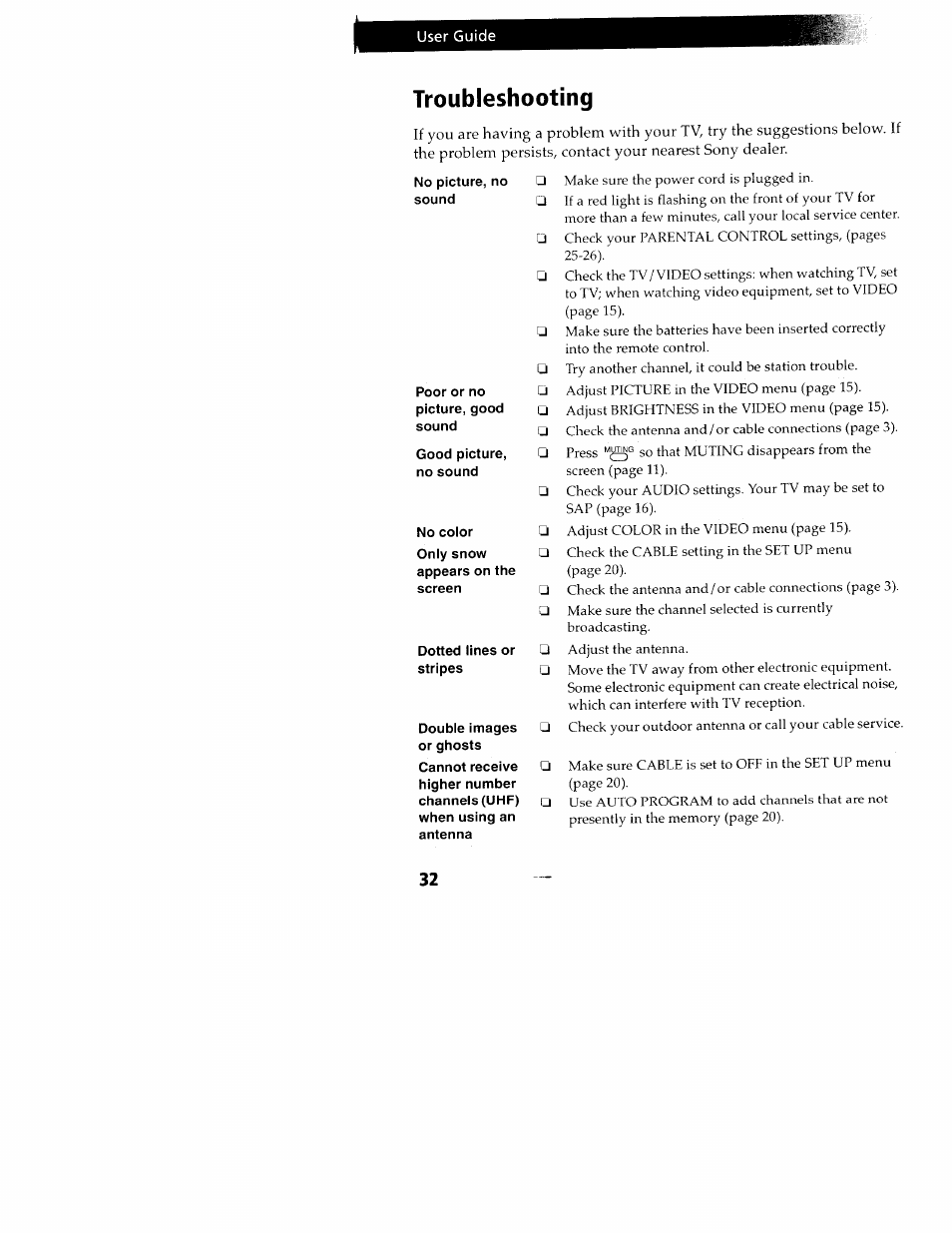 Troubleshooting | Sony KV-24FV10 User Manual | Page 36 / 41