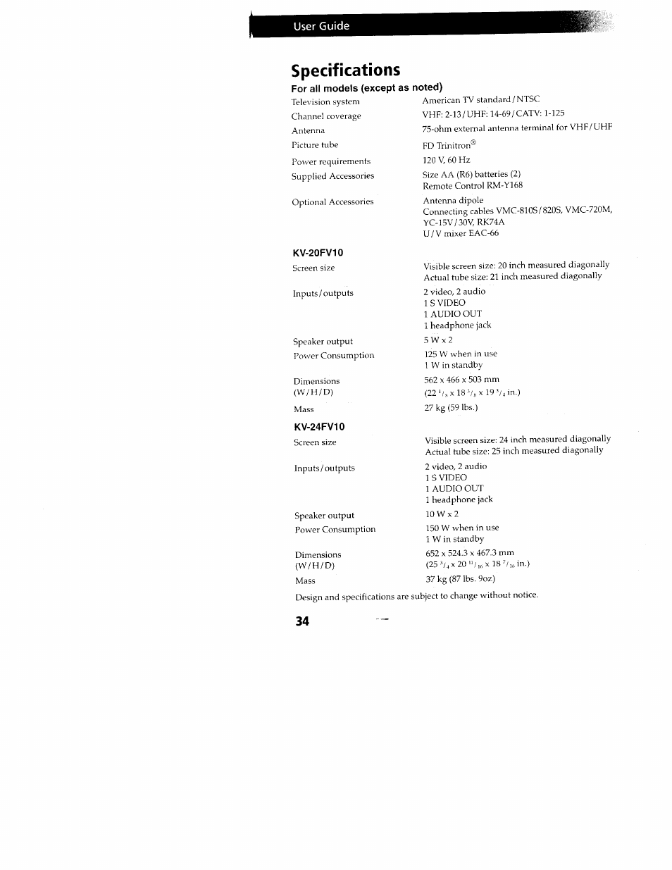 Specifications, For all models (except as noted), Kv-20fv10 | Kv-24fv10 | Sony KV-24FV10 User Manual | Page 38 / 41