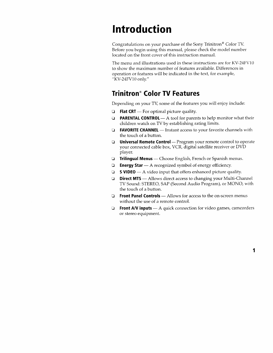 Introduction, Trinitron® color tv features | Sony KV-24FV10 User Manual | Page 5 / 41