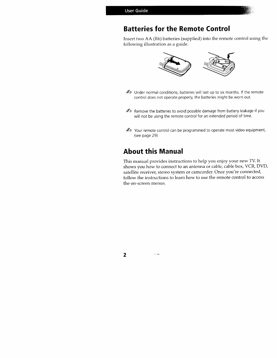 Batteries for the remote control, About this manual, Batteries for the remote control about this manual | Sony KV-24FV10 User Manual | Page 6 / 41