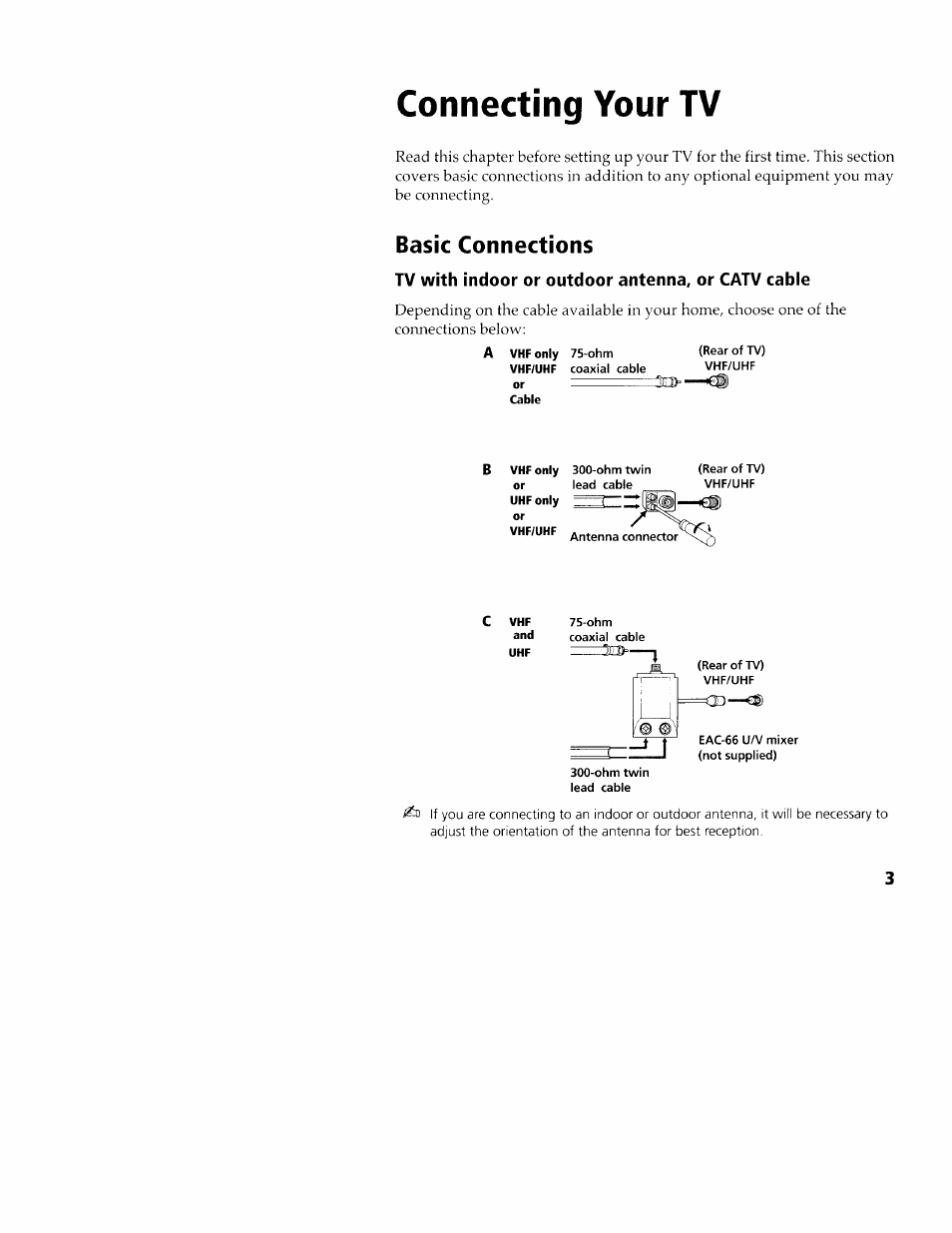 Connecting your tv, Basic connections, Tv with indoor or outdoor antenna, or catv cable | Sony KV-24FV10 User Manual | Page 7 / 41