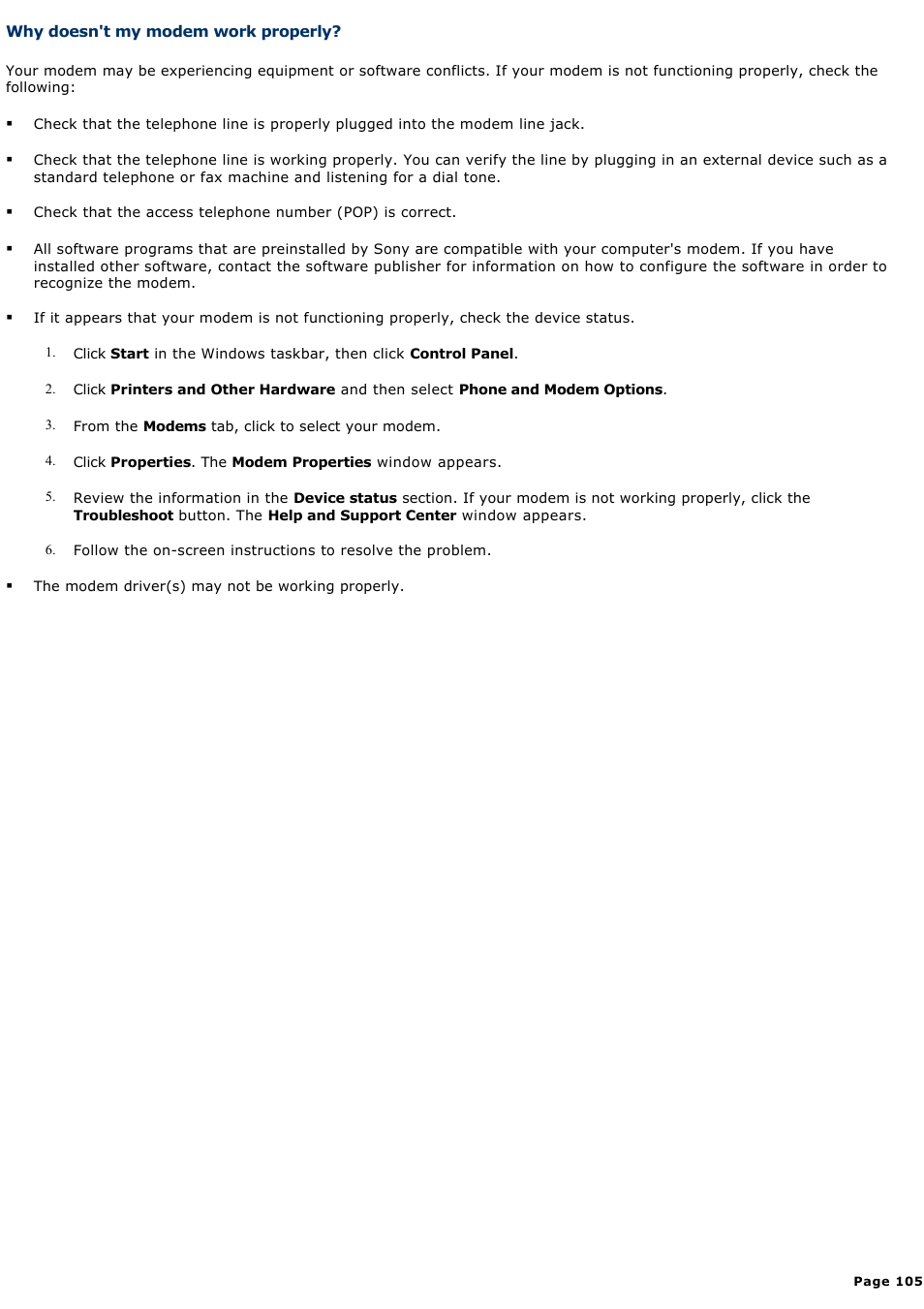 Why doesn't my modem work properly | Sony VGC-RB58G User Manual | Page 105 / 131