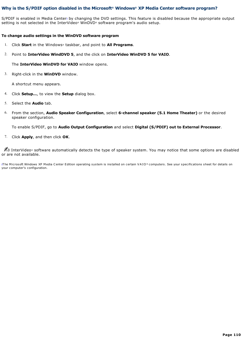 Why is the s/pdif option disabled in the microsoft, Windows, Xp media center software program | Sony VGC-RB58G User Manual | Page 110 / 131