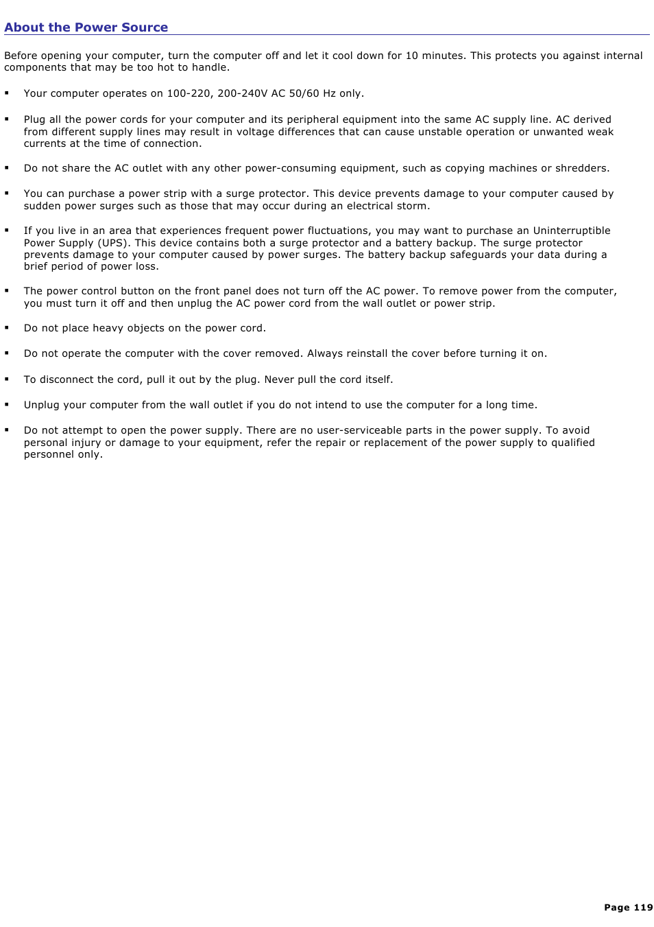 About the power source | Sony VGC-RB58G User Manual | Page 119 / 131