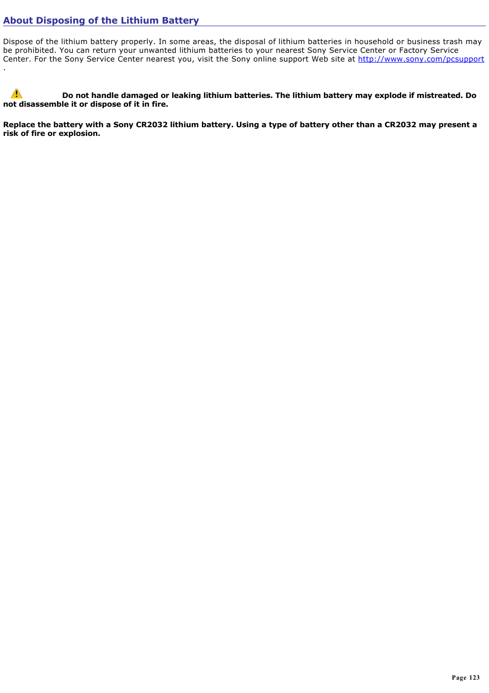About disposing of the lithium battery | Sony VGC-RB58G User Manual | Page 123 / 131