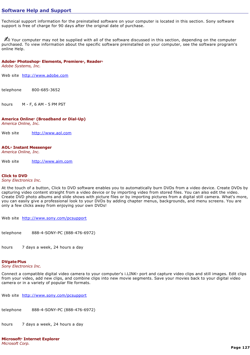 Software help and support | Sony VGC-RB58G User Manual | Page 127 / 131
