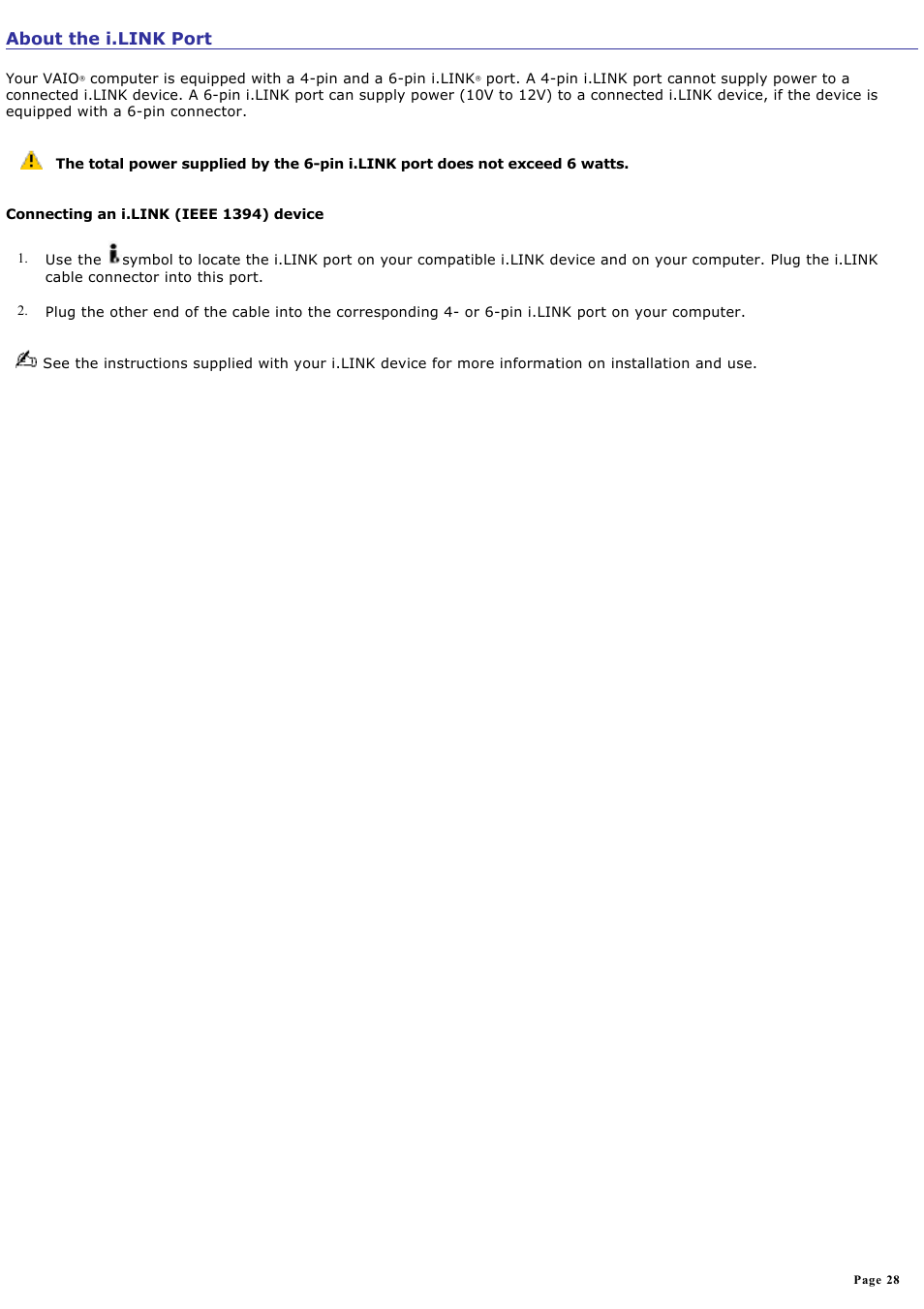 About the i.link port | Sony VGC-RB58G User Manual | Page 28 / 131