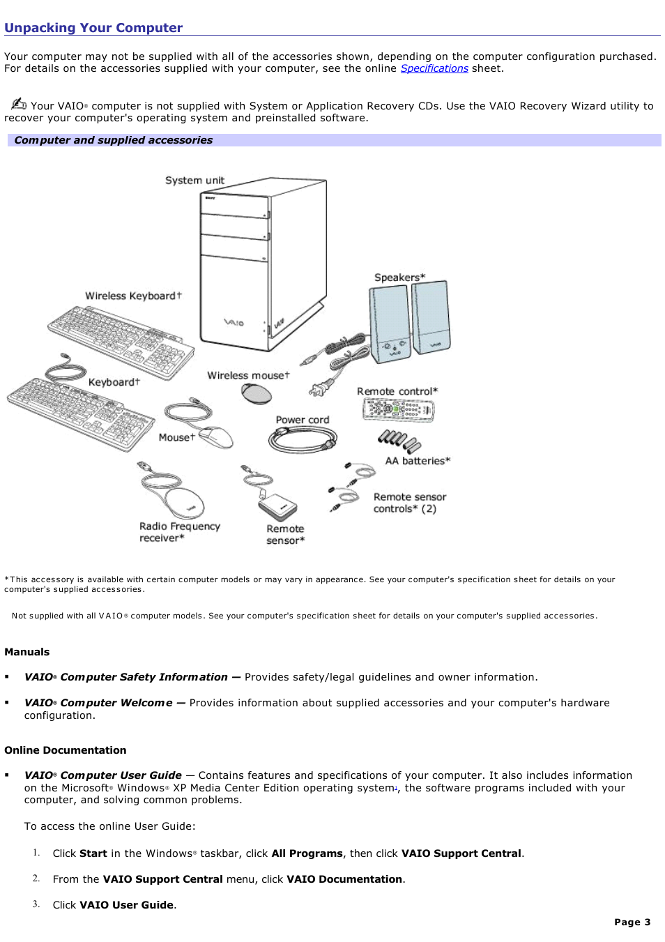 Unpacking your computer | Sony VGC-RB58G User Manual | Page 3 / 131