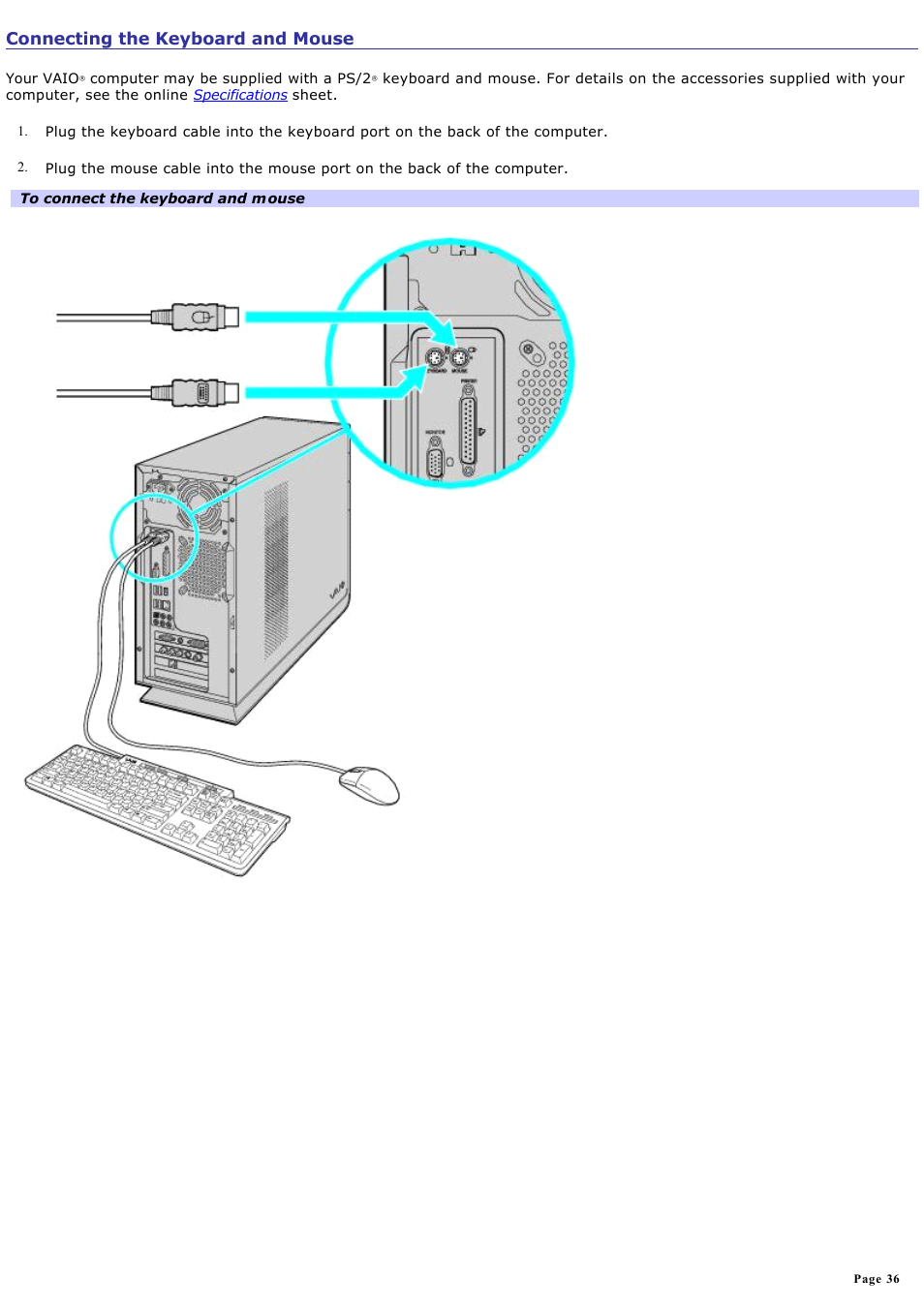 Connecting the keyboard and mouse | Sony VGC-RB58G User Manual | Page 36 / 131