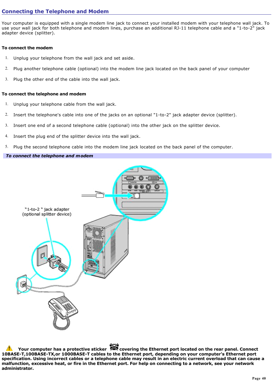 Connecting the telephone and modem | Sony VGC-RB58G User Manual | Page 40 / 131