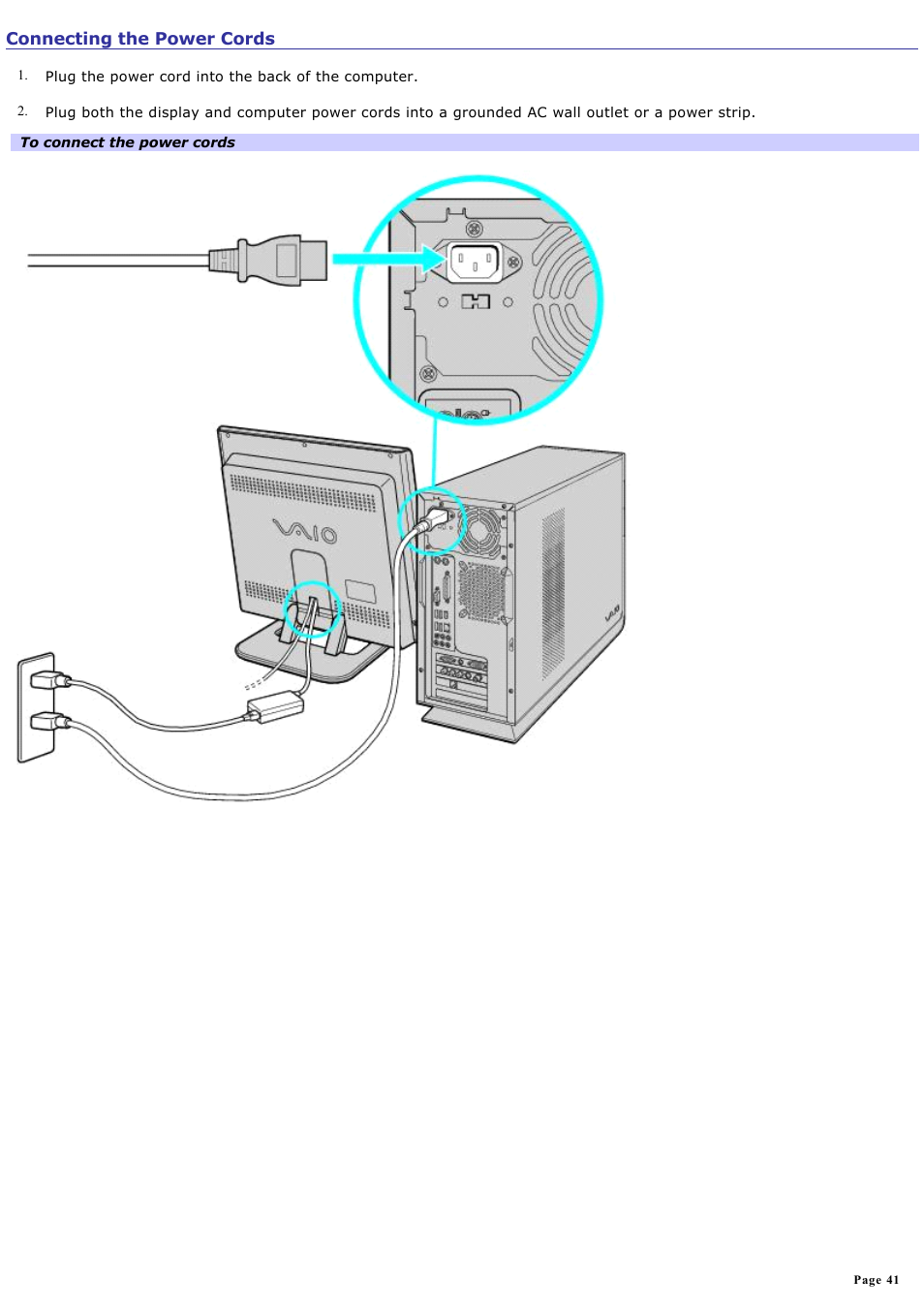 Connecting the power cords | Sony VGC-RB58G User Manual | Page 41 / 131