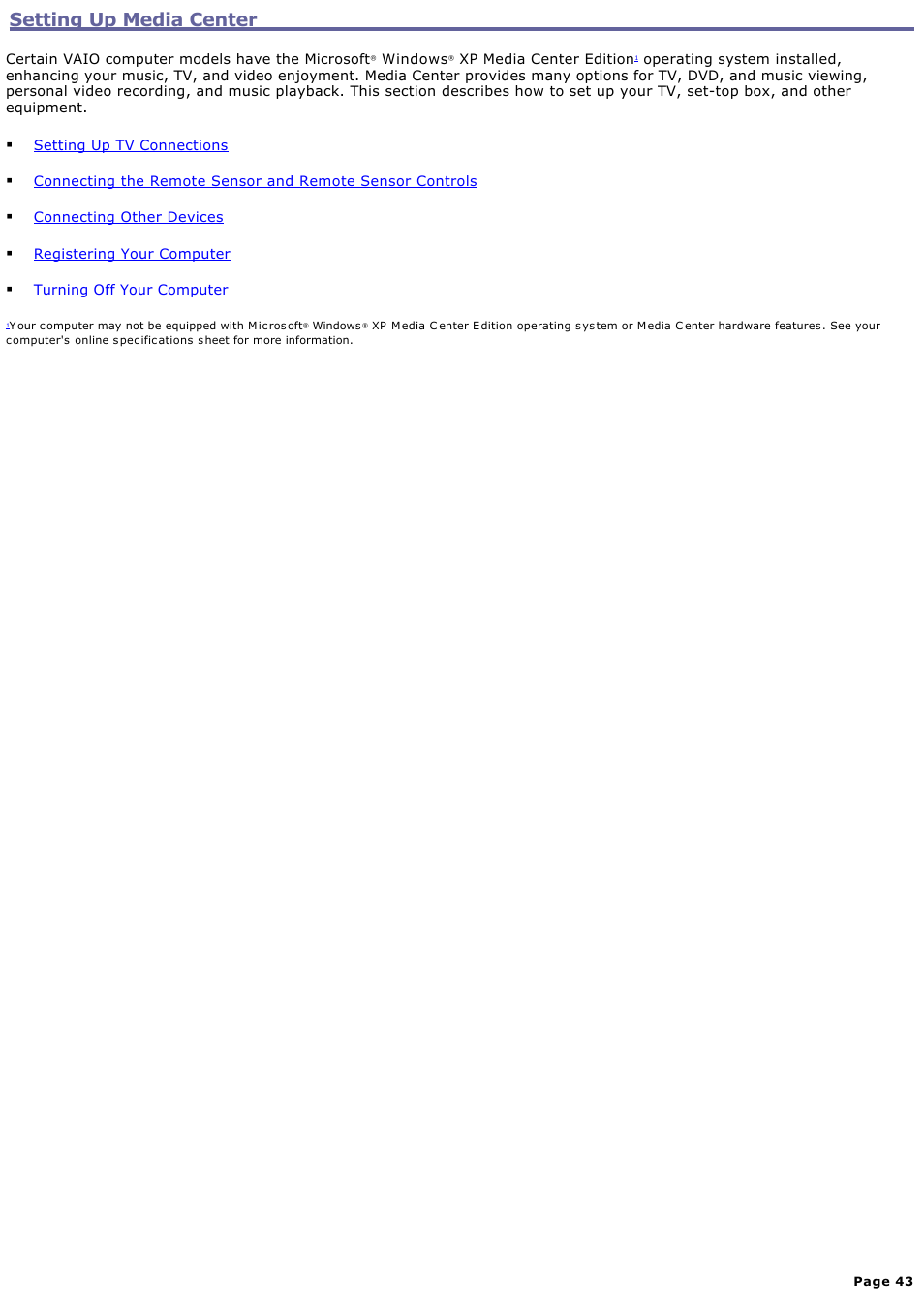 Setting up media center | Sony VGC-RB58G User Manual | Page 43 / 131