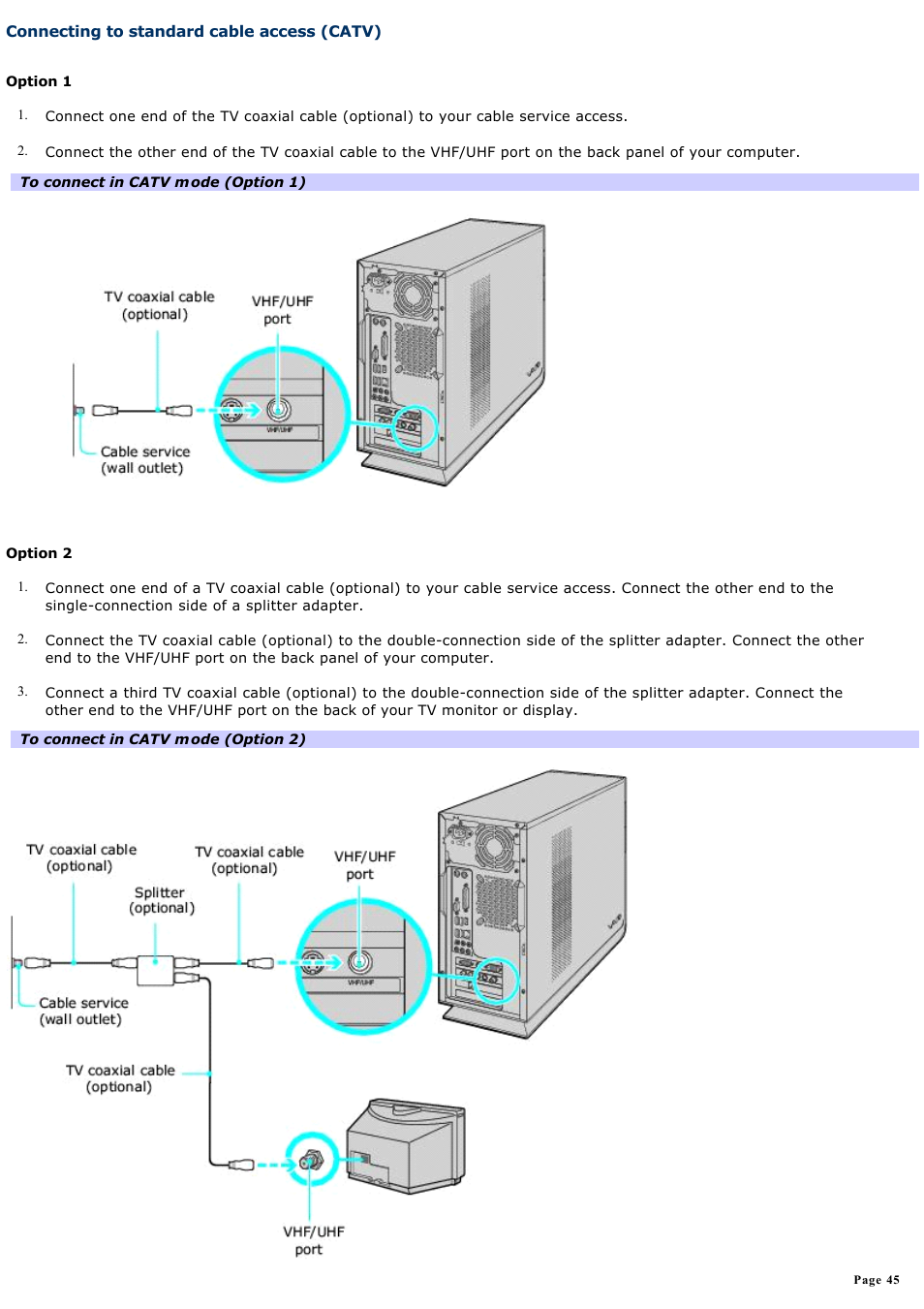 Connecting to standard cable access (catv) | Sony VGC-RB58G User Manual | Page 45 / 131