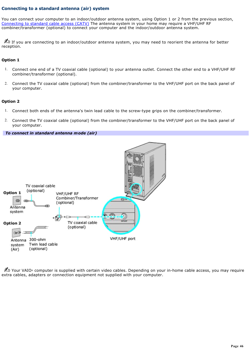 Connecting to a standard antenna (air) system | Sony VGC-RB58G User Manual | Page 46 / 131