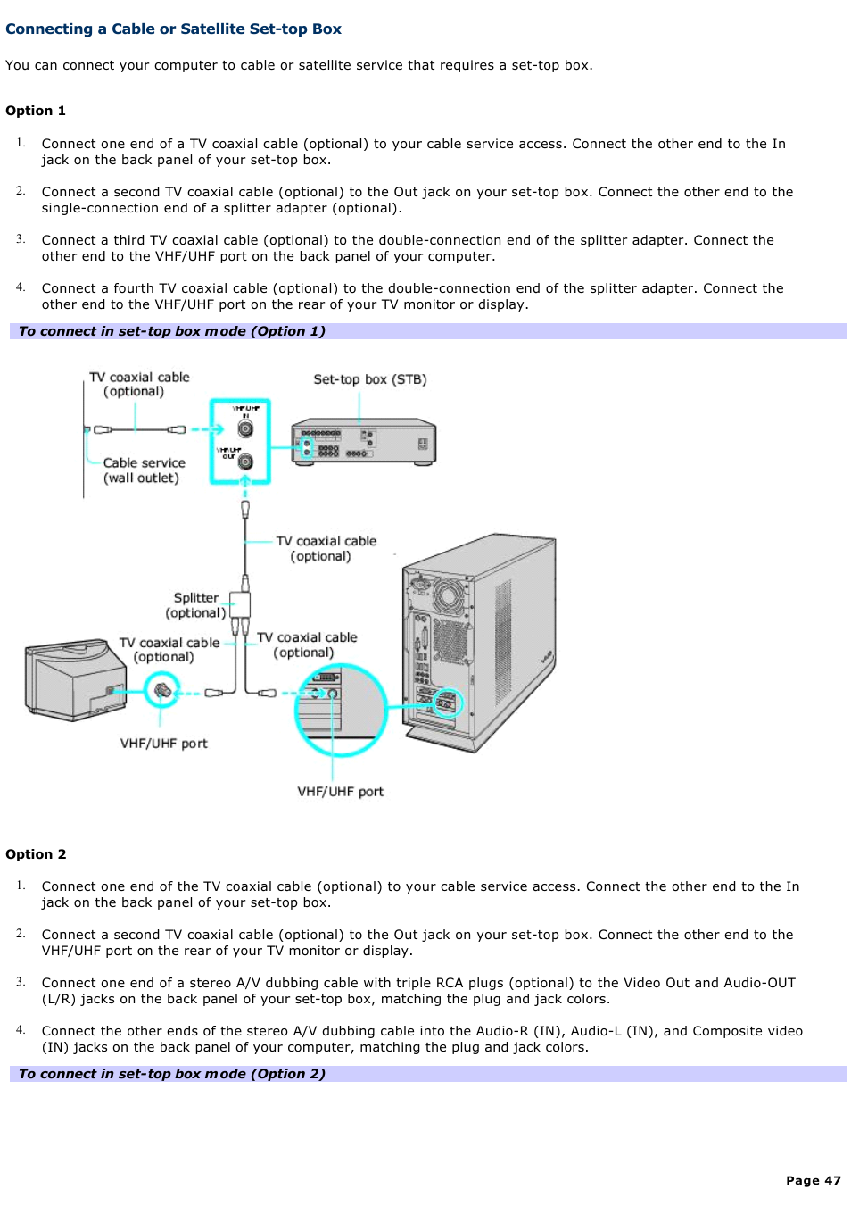 Connecting a cable or satellite set-top box | Sony VGC-RB58G User Manual | Page 47 / 131