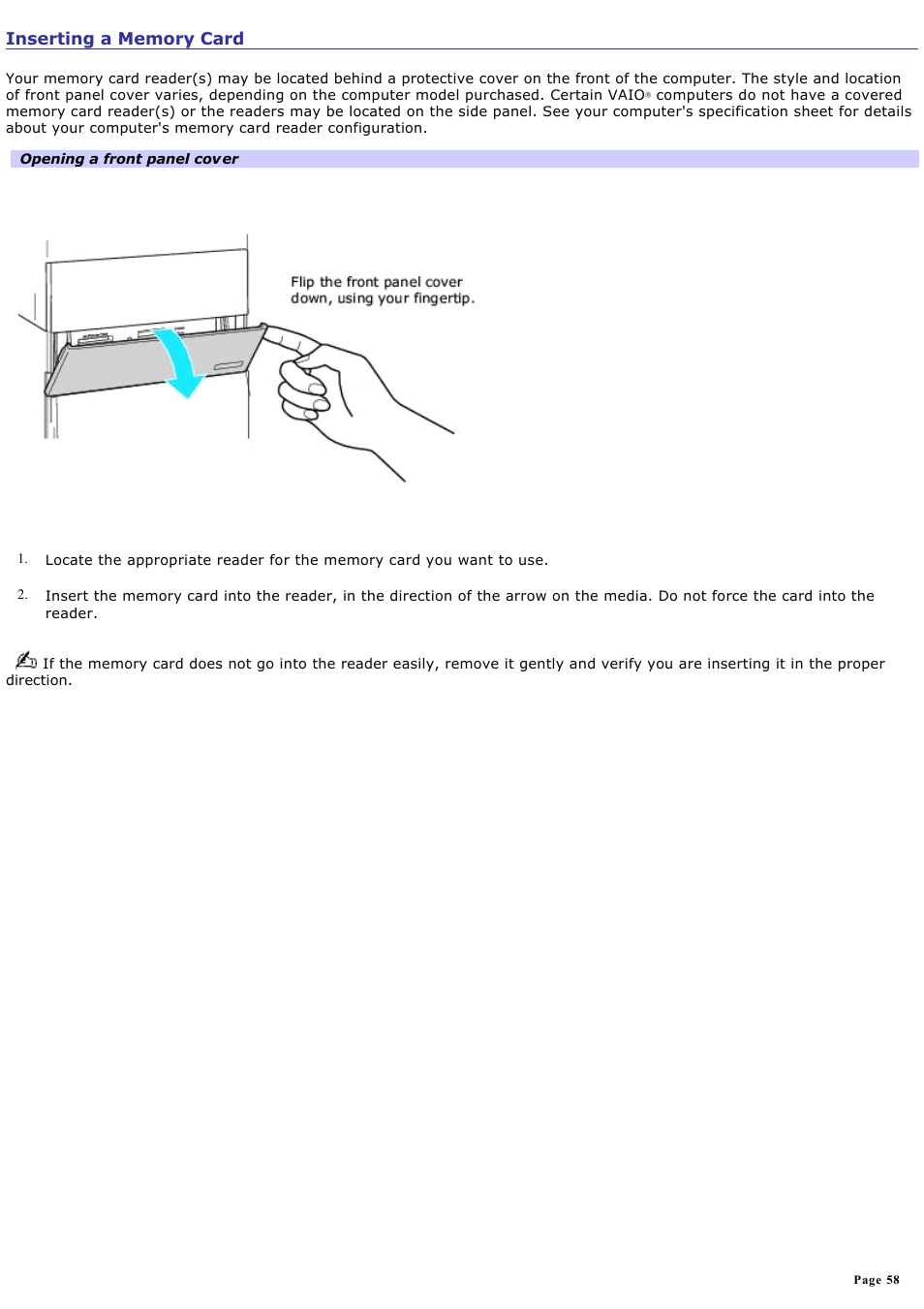 Inserting a memory card | Sony VGC-RB58G User Manual | Page 58 / 131