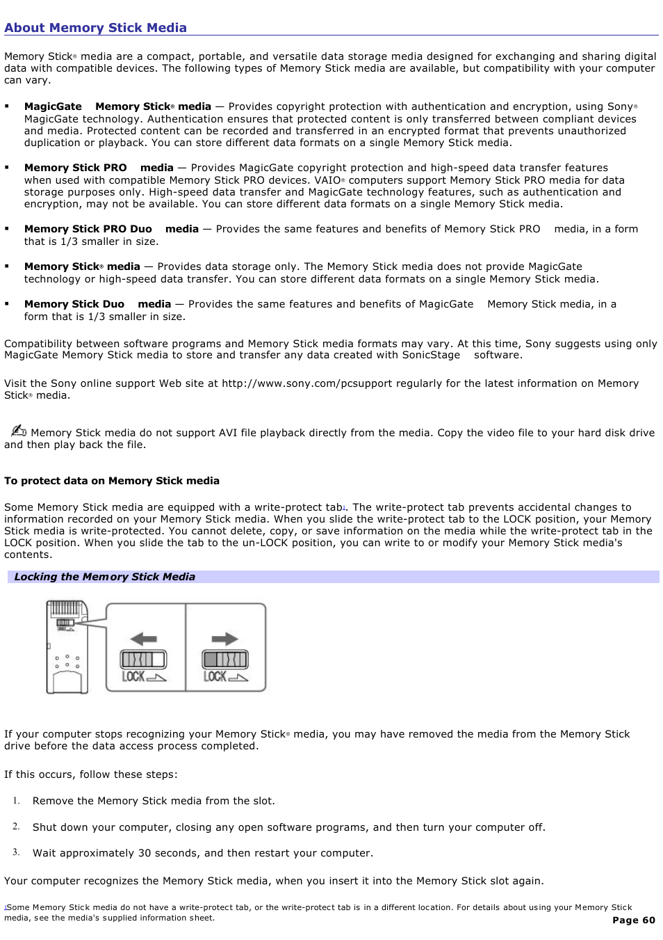 About memory stick media | Sony VGC-RB58G User Manual | Page 60 / 131