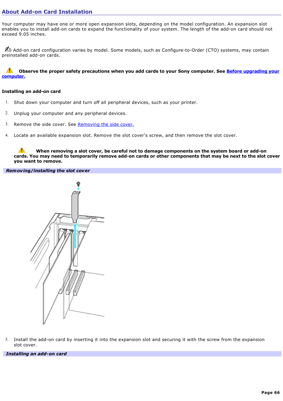 About add-on card installation | Sony VGC-RB58G User Manual | Page 66 / 131