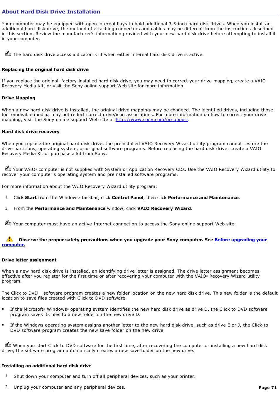 About hard disk drive installation | Sony VGC-RB58G User Manual | Page 71 / 131