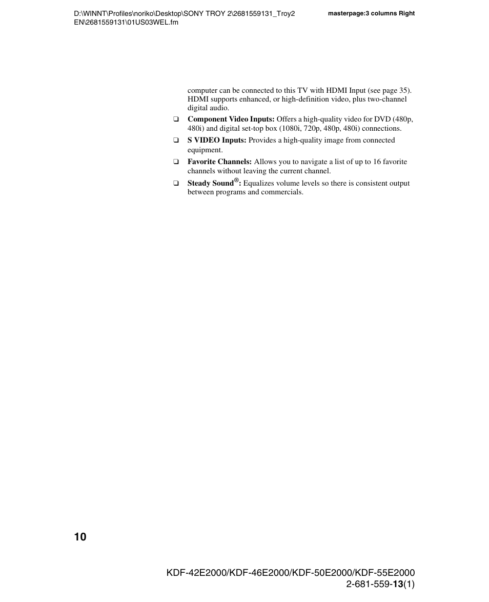 Sony KDF-55E2000 User Manual | Page 10 / 92