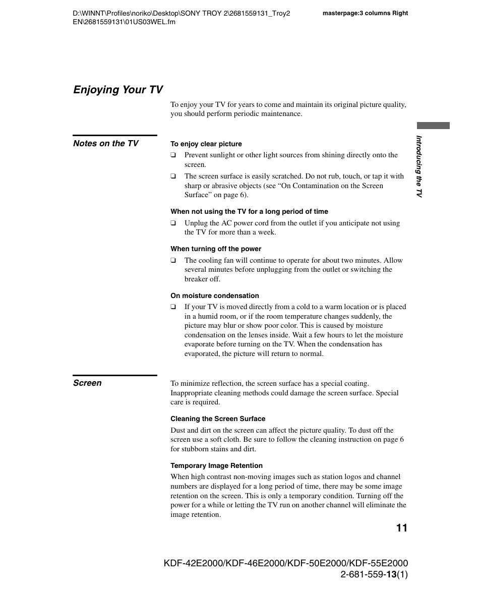 Enjoying your tv, Notes on the tv, Screen | Notes on the tv screen | Sony KDF-55E2000 User Manual | Page 11 / 92