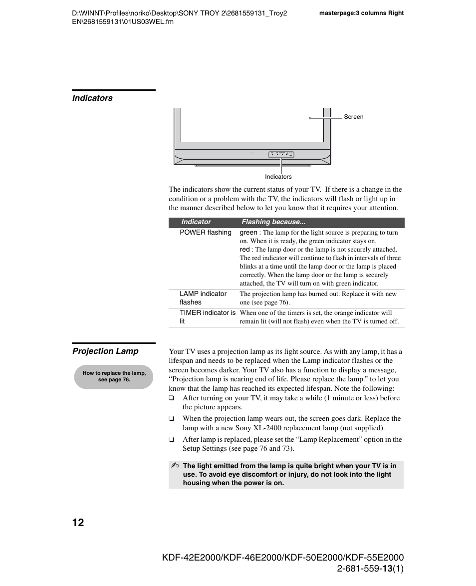 Indicators, Projection lamp, Indicators projection lamp | Sony KDF-55E2000 User Manual | Page 12 / 92