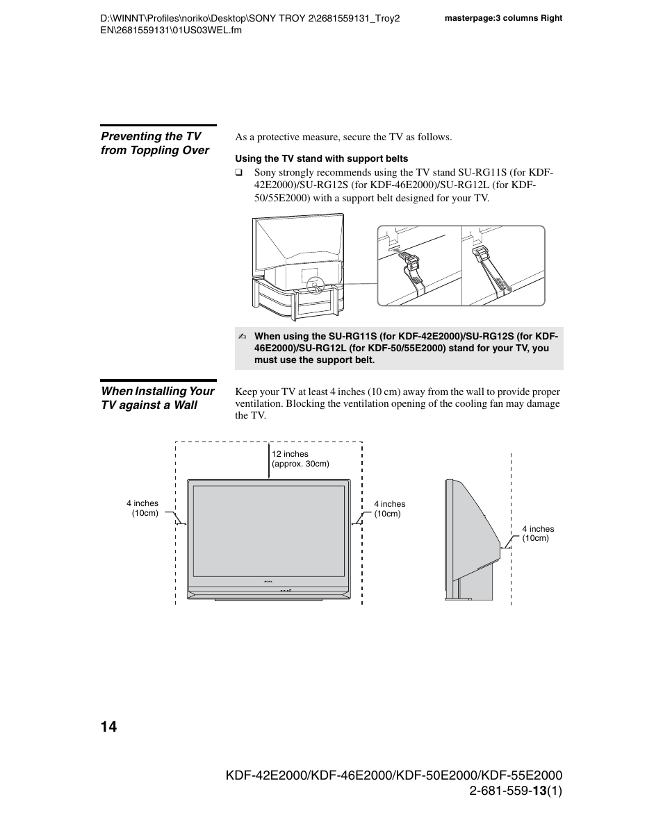 Preventing the tv from toppling over, When installing your tv against a wall | Sony KDF-55E2000 User Manual | Page 14 / 92
