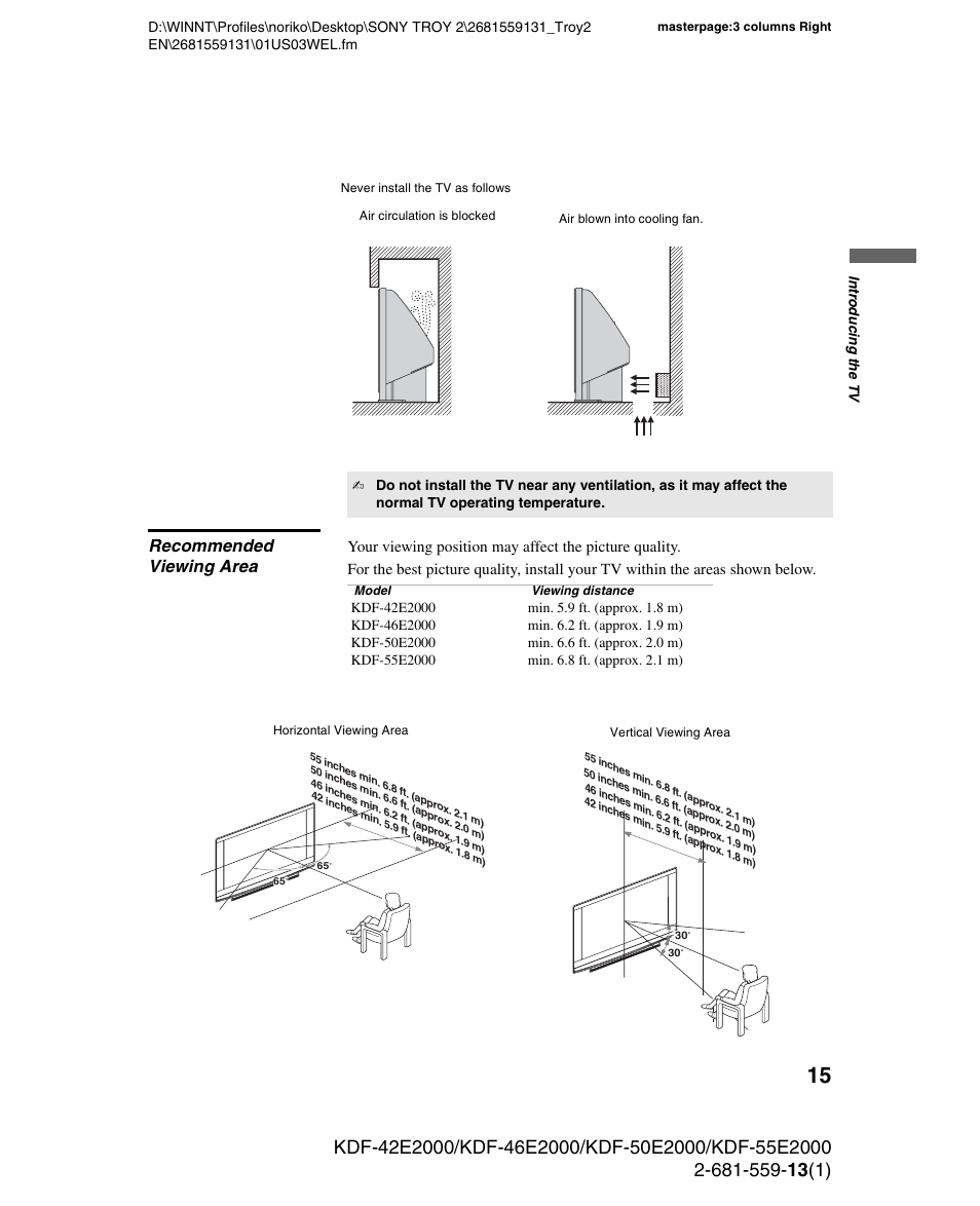 Recommended viewing area | Sony KDF-55E2000 User Manual | Page 15 / 92