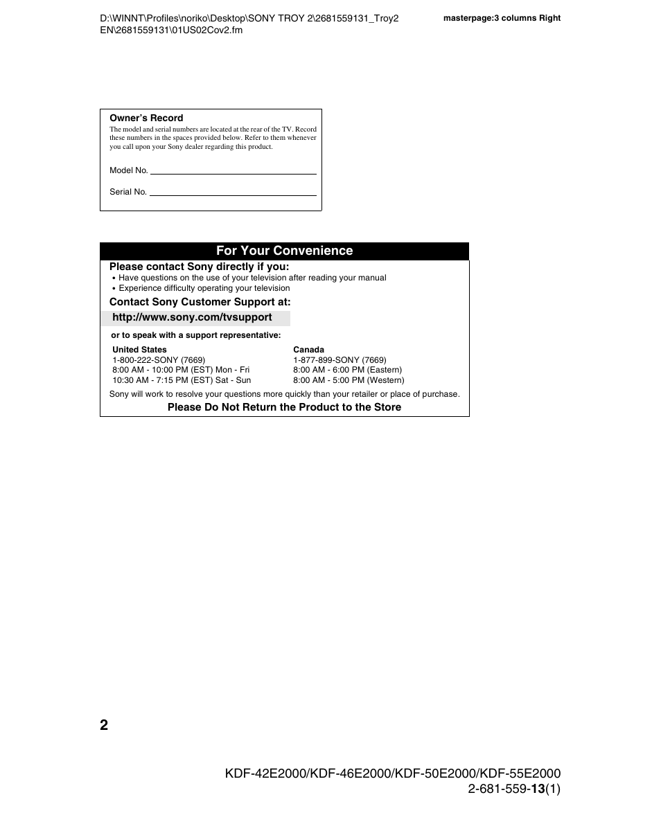 For your convenience | Sony KDF-55E2000 User Manual | Page 2 / 92