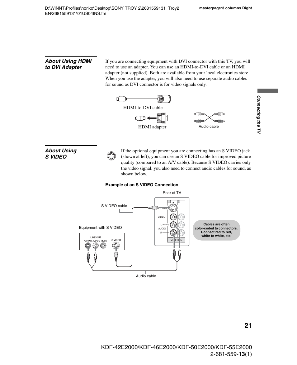About using hdmi to dvi adapter, About using svideo, About using s video | Sony KDF-55E2000 User Manual | Page 21 / 92