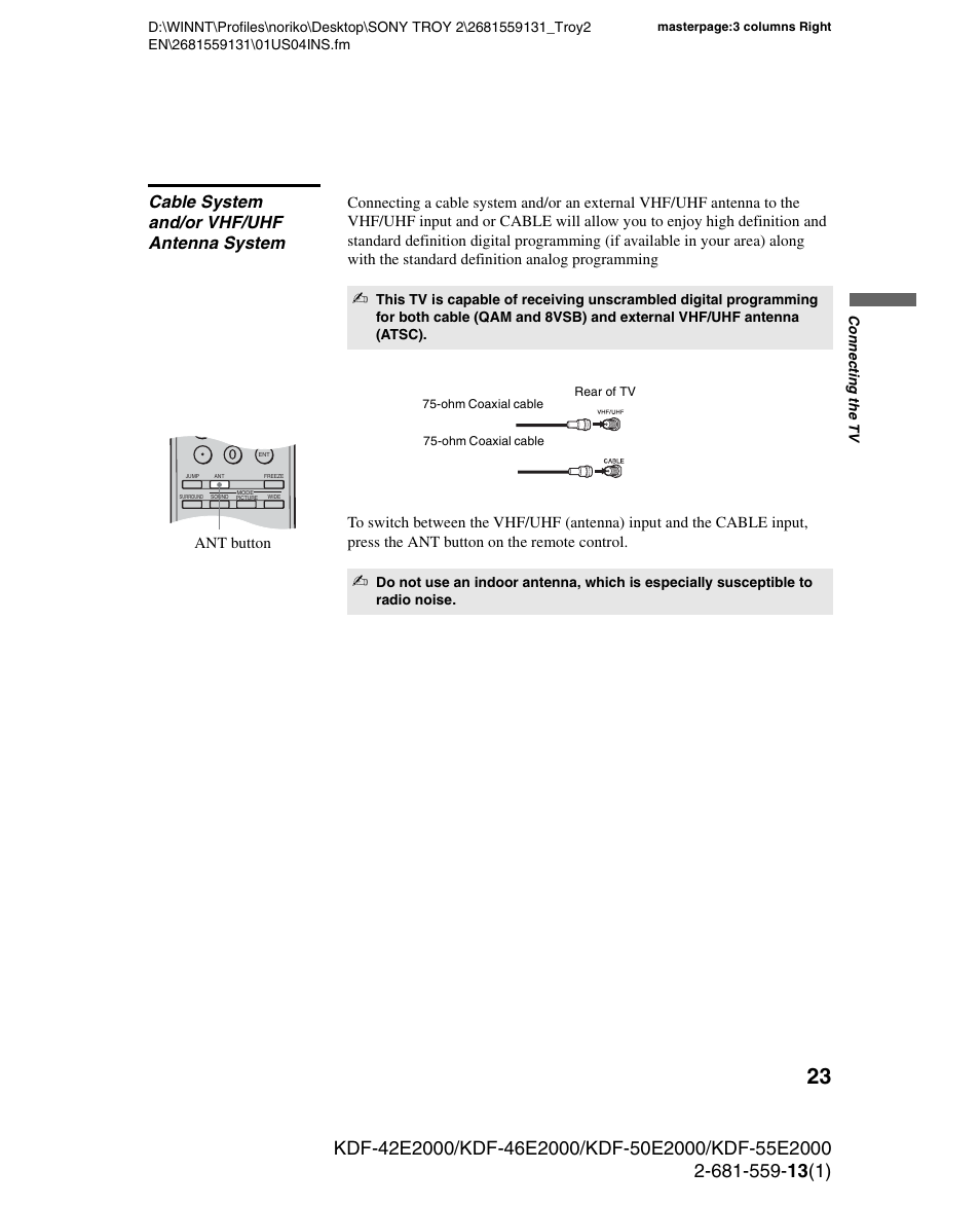 Cable system and/or vhf/uhf antenna system, Ant button | Sony KDF-55E2000 User Manual | Page 23 / 92
