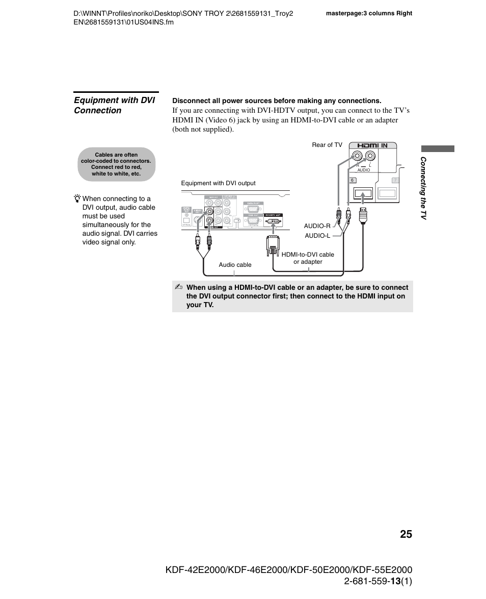 Equipment with dvi connection | Sony KDF-55E2000 User Manual | Page 25 / 92