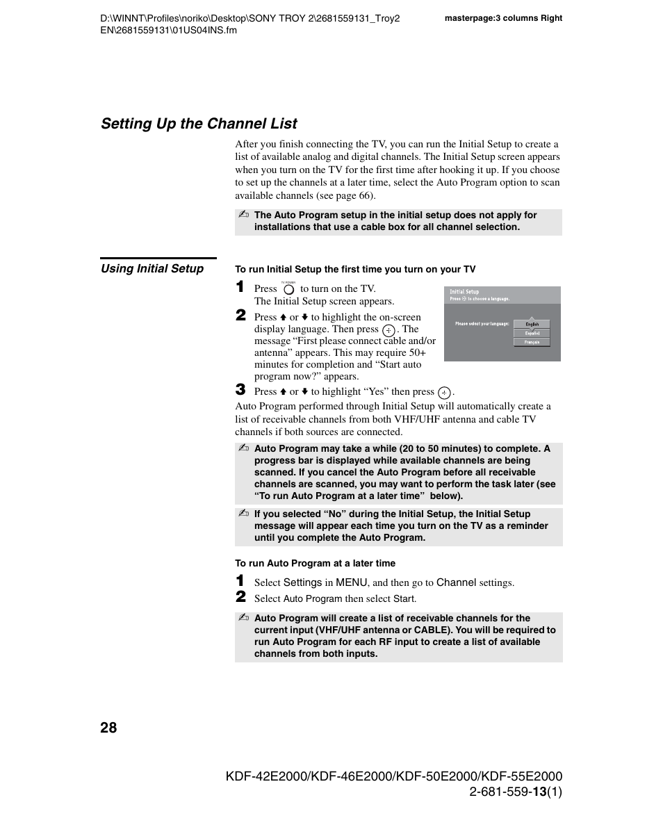 Setting up the channel list, Using initial setup | Sony KDF-55E2000 User Manual | Page 28 / 92