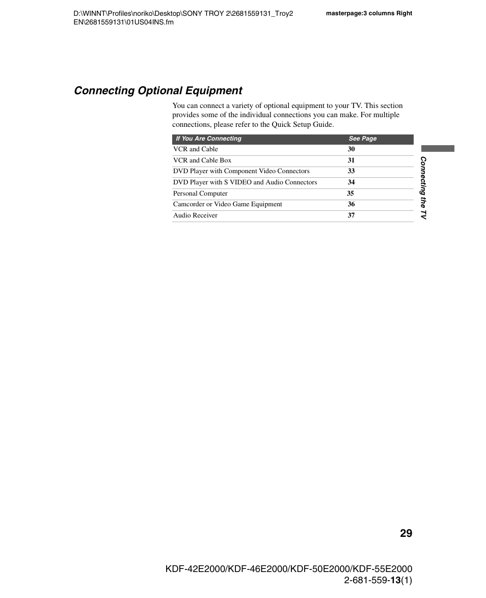 Connecting optional equipment | Sony KDF-55E2000 User Manual | Page 29 / 92